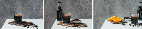 Collage de café de cerveza fría con hielo en vidrio y botella cerca de naranjas y granos de café en la tabla de cortar en la mesa blanca - foto de stock