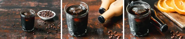 Collage de café de cerveza fría con hielo en vidrio y botellas cerca de rodajas de naranja y granos de café en la superficie oxidada - foto de stock