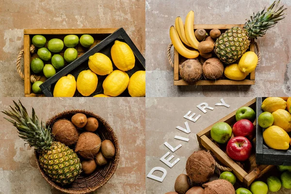 Collage di frutta fresca matura in scatole di legno e cestino vicino alla consegna delle parole su superficie intemperie — Foto stock