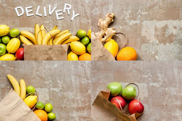 Вид сверху на доставку слова рядом с бумажным пакетом с красочными свежими фруктами на бежевой выветренной поверхности, коллаж — стоковое фото