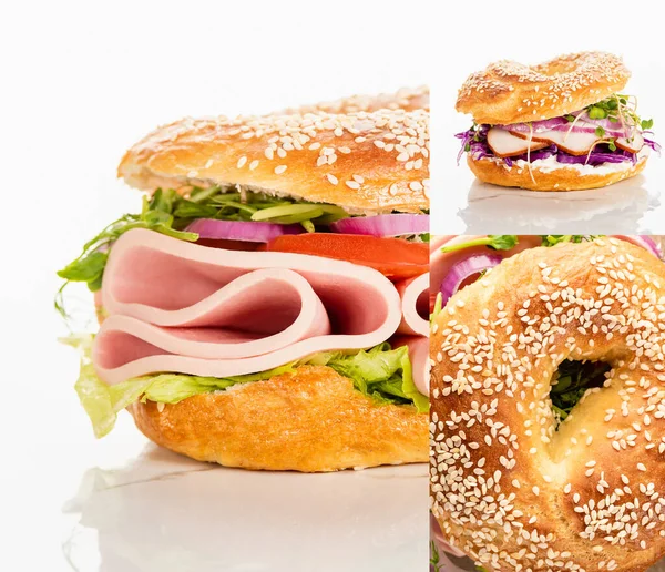 Collage of fresh delicious bagel with sausage on white background — Stock Photo