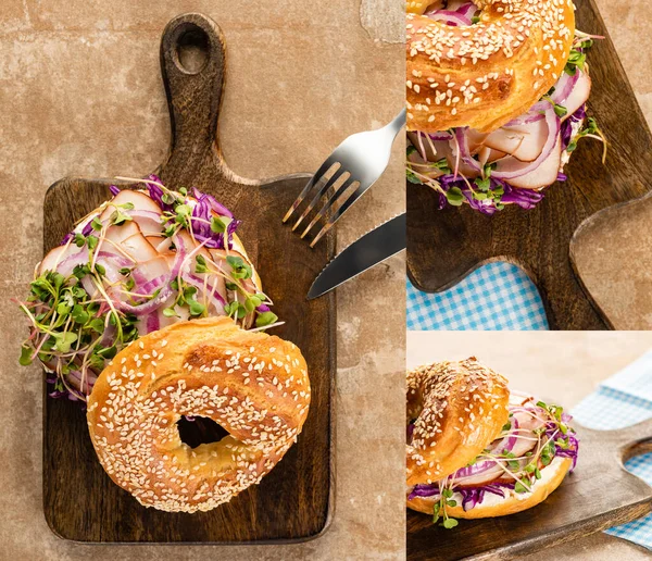 Collage aus frischem leckerem Bagel mit Fleisch, roten Zwiebeln, Frischkäse und Rosenkohl auf einem Holzschneidebrett — Stockfoto