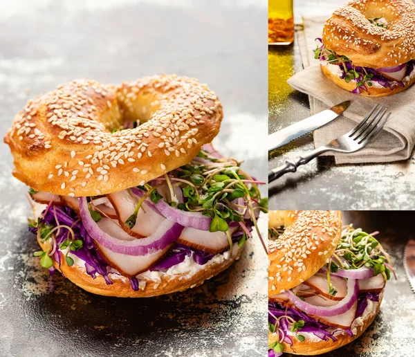 Collage di deliziosi bagel freschi con carne, cipolla rossa, crema di formaggio e germogli su superficie testurizzata con posate — Foto stock