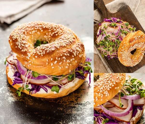 Collage of fresh delicious bagel with meat, red onion, cream cheese and sprouts on wooden cutting board on textured surface — Stock Photo