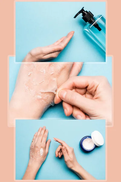 Collage of female hand near sanizer, woman peeling off exfoliated skin and applying hand cream on blue and beige — Stock Photo