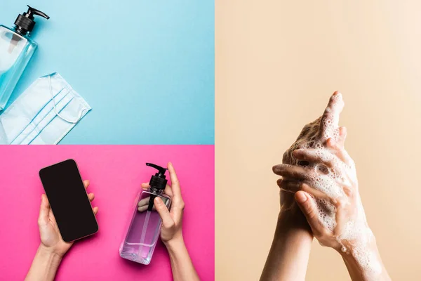 Collage di maschera medica, disinfettante, donna con antisettico e smartphone, lavarsi le mani su sfondo multicolore, concetto covid-19 — Foto stock