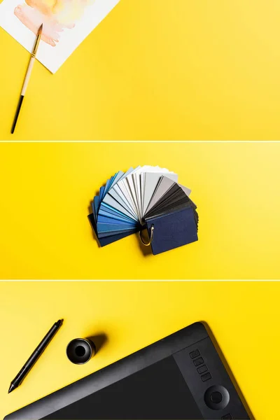 Collage de la tablette dessin, stylet, palette colorée et peinture près du pinceau sur jaune — Photo de stock