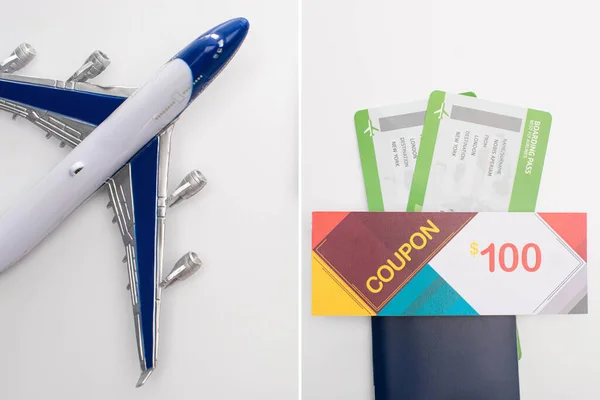 Collage aus Spielzeugflugzeug und Coupon auf Pass mit Flugtickets auf weißem Hintergrund — Stockfoto