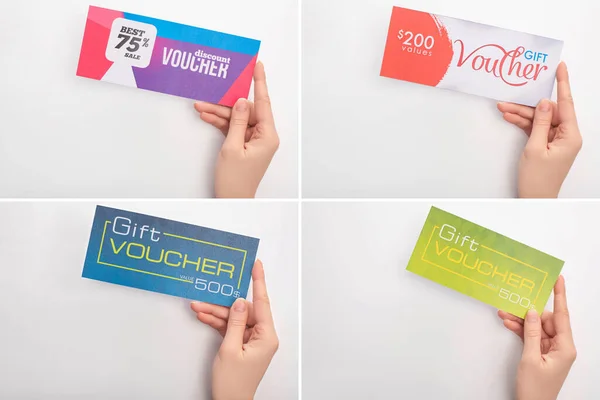 Collage of woman holding gift vouchers on white background — Stock Photo