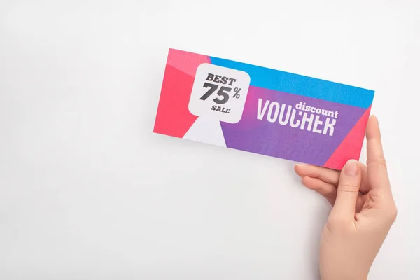 Cropped view of woman holding discount voucher with 75 percent sale on white background — Stock Photo