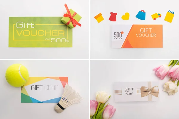 Collage of gift cards and vouchers with flowers, shuttlecock and present on white background — Stock Photo