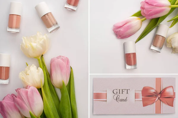 Collage de esmaltes de uñas cerca de tulipanes y tarjeta de regalo sobre fondo blanco - foto de stock
