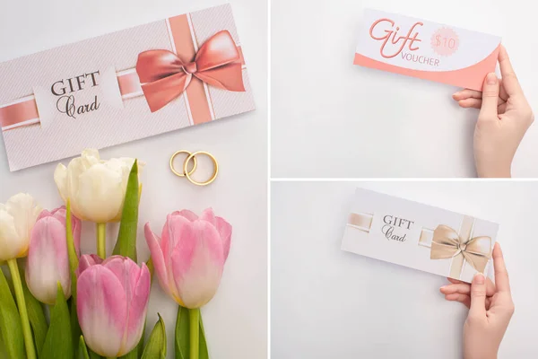 Collage de mujer sosteniendo tarjetas de regalo y anillos de boda cerca de flores en la superficie blanca - foto de stock