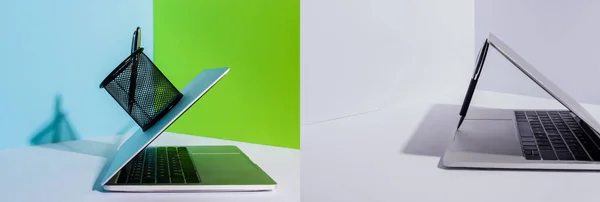Collage of pen in holder and modern laptop on blue, white and green background — Stock Photo