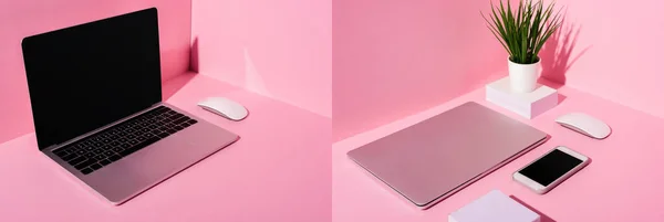 Posto di lavoro rosa con gadget moderni e piante verdi, collage — Foto stock