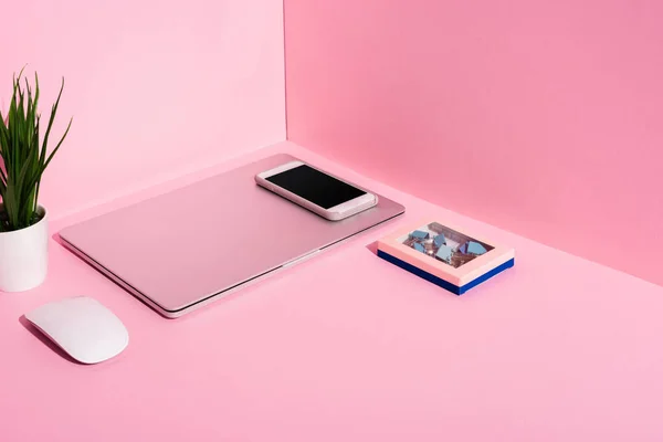 Gadgets modernes, pinces à reliure et plante sur fond rose — Photo de stock