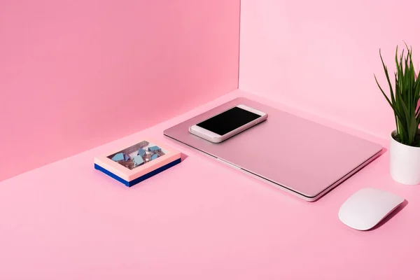 Gadgets modernes, pinces à reliure et plante sur fond rose — Photo de stock