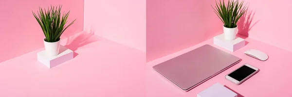 Collage of pink workplace with blank sticky notes, smartphone, laptop, computer mouse and plant, panoramic shot — Stock Photo