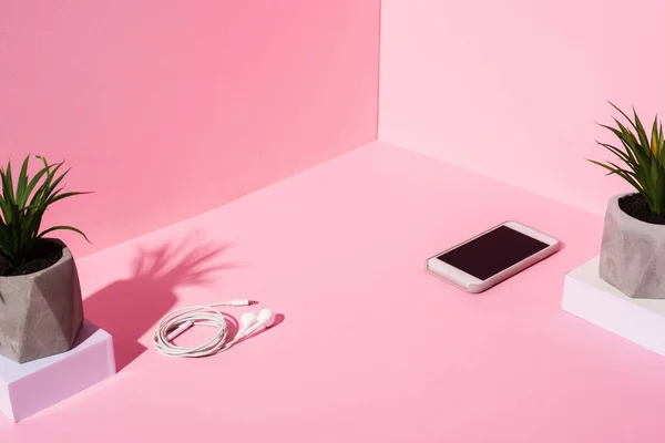 Смартфон с чистым экраном, наушниками и растениями на розовом фоне — стоковое фото