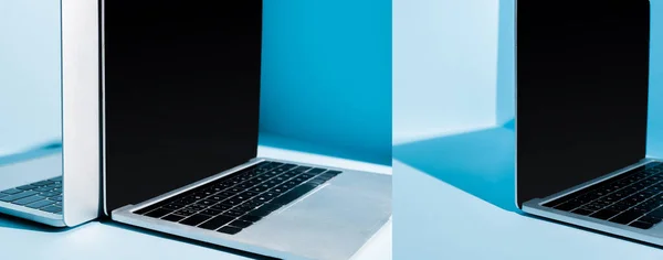 Modern laptops at blue workplace in light, collage — Stock Photo