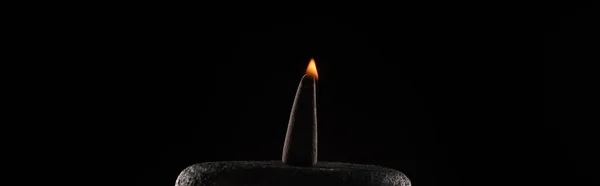 Burning incense on stone isolated on black background, panoramic shot — Stock Photo