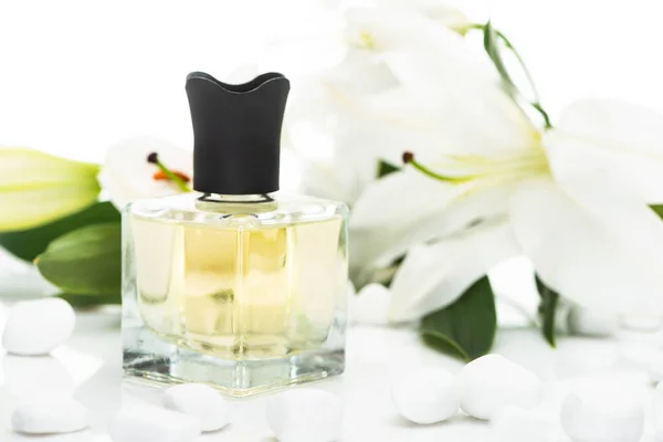 Selective focus of home perfume in bottle near spa stones and lilies on white background — Stock Photo