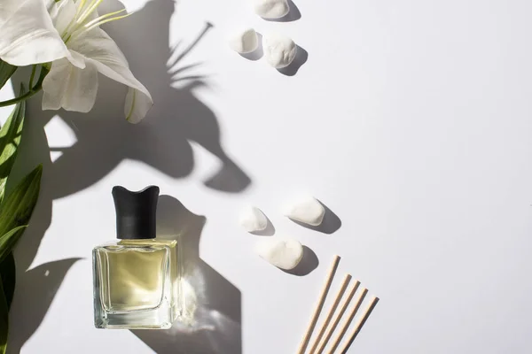 Vista superior de palos de aroma con perfume en botella cerca de piedras y flor de lirio sobre fondo blanco - foto de stock