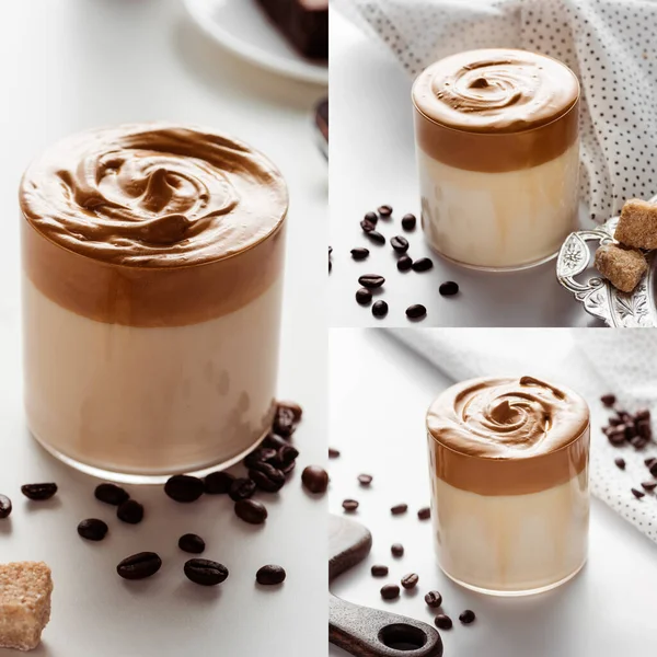 Colagem de delicioso café Dalgona em vidro perto de grãos de café e açúcar granulado marrom no fundo branco — Fotografia de Stock
