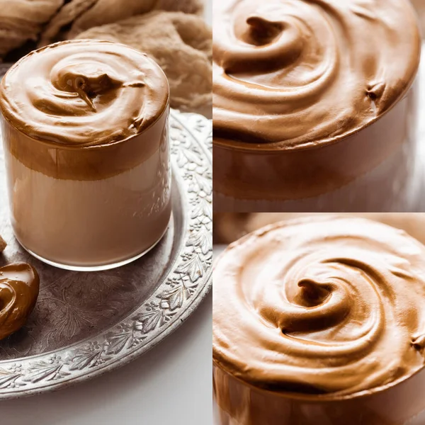 Collage of delicious Dalgona coffee in glass on silver tray on white background — Stock Photo