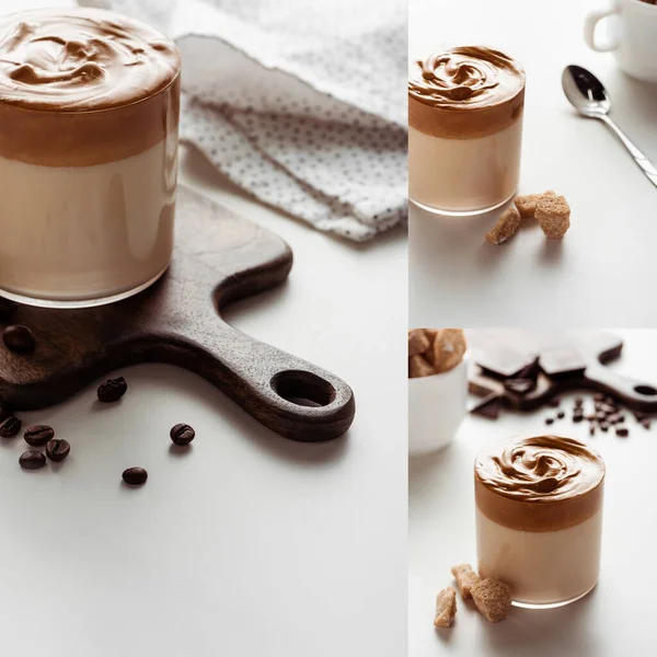 Collage of delicious Dalgona coffee in glass near coffee beans and brown granulated sugar on wooden cutting board on white background — Stock Photo