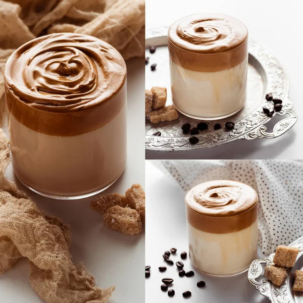 Colagem de delicioso café Dalgona em vidro perto de grãos de café e açúcar granulado marrom no fundo branco — Fotografia de Stock