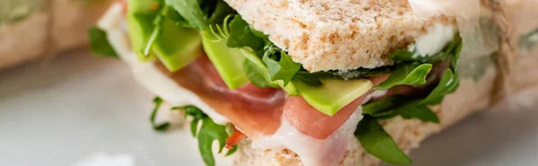 Close up view of fresh green sandwich with jamon, panoramic shot — Stock Photo
