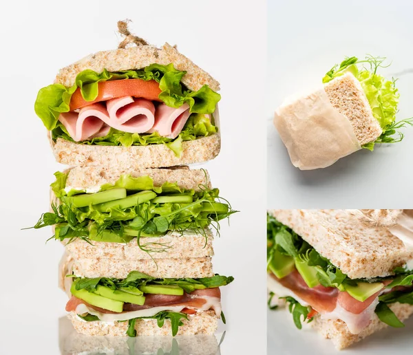 Collage de sándwiches verdes frescos con verduras y carne en la superficie blanca de mármol - foto de stock