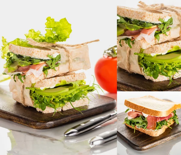 Collage of fresh green delicious sandwiches with meat on wooden cutting board on marble white surface — Stock Photo