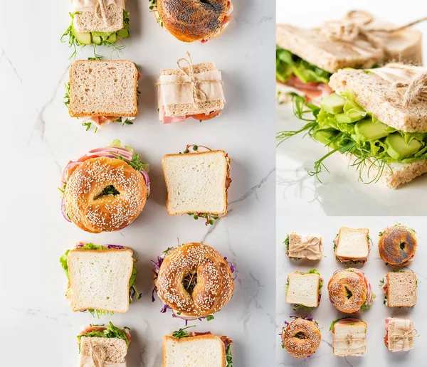 Collage aus frischen grünen Sandwiches und Bagels auf marmorweißer Oberfläche — Stock Photo