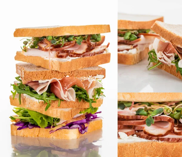 Collage de sándwiches verdes frescos con carne en la superficie blanca de mármol - foto de stock