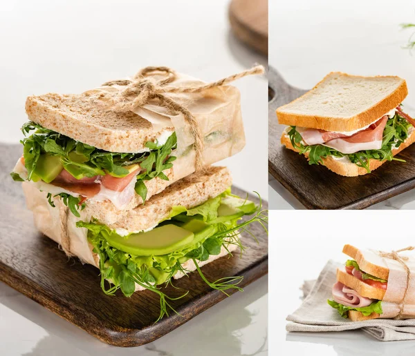 Collage of fresh green sandwiches with meat on wooden cutting board on marble white surface — Stock Photo