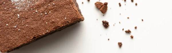 Vista dall'alto di delizioso pezzo brownie su sfondo bianco, colpo panoramico — Foto stock