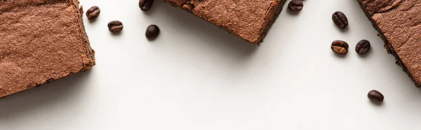 Vista superior de deliciosos pedaços de brownie com grãos de café no fundo branco, tiro panorâmico — Fotografia de Stock