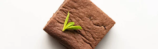 Top view of delicious brownie piece with mint on white background, panoramic shot — Stock Photo