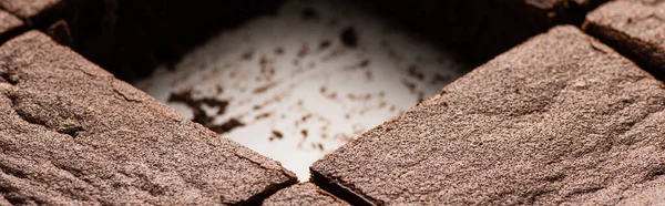 Vista da vicino di deliziosi pezzi brownie su sfondo bianco, colpo panoramico — Foto stock