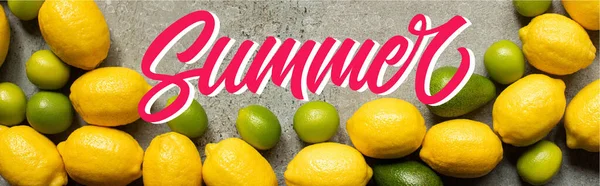 Draufsicht auf bunte Limetten, Avocado und Zitronen auf grauer Betonoberfläche mit sommerlicher Illustration, Panoramaaufnahme — Stockfoto