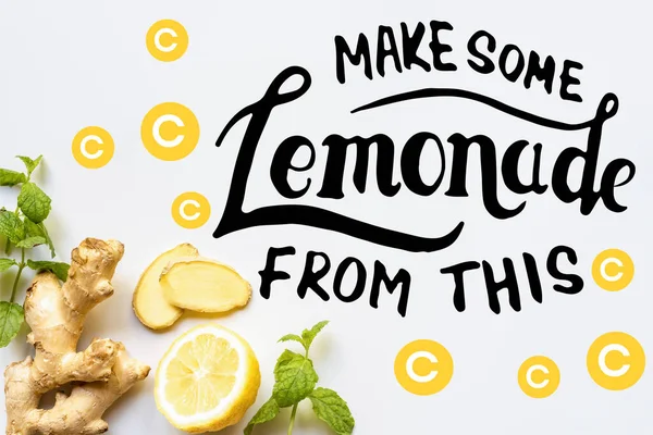 Vista dall'alto di radice di zenzero, limone e menta su sfondo bianco, fare qualche limonata da questa illustrazione — Foto stock