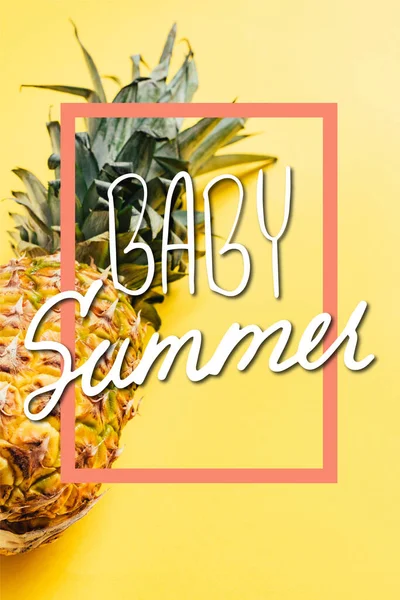 Fresh ripe pineapple on yellow background with baby summer illustration — Stock Photo