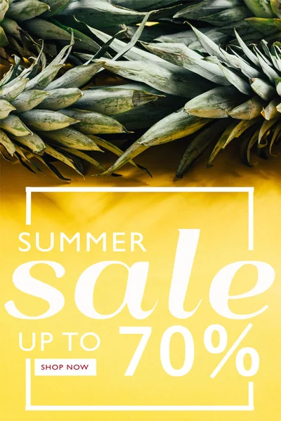 Green pineapple leaves on yellow background with summer sale illustration — Stock Photo