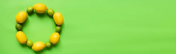 Top view of ripe lemons and limes arranged in round empty frame on green background, panoramic orientation — Stock Photo