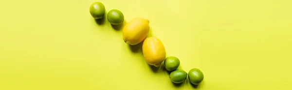 Top view of ripe lemons and limes on colorful background, panoramic crop — Stock Photo