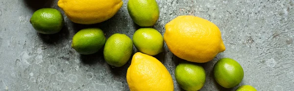Верхний вид спелых желтых лимонов и зеленых лимонов на бетонную текстурированную поверхность, панорамный урожай — стоковое фото