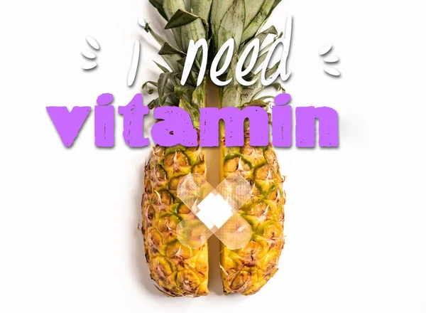 Top view of cut ripe pineapple with patch on white background, i need vitamin illustration — Stock Photo