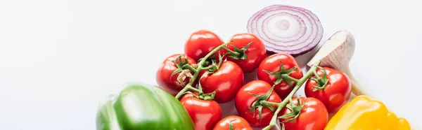 Tomatoes, garlic, red onion, bell peppers isolated on white, panoramic shot — Stock Photo